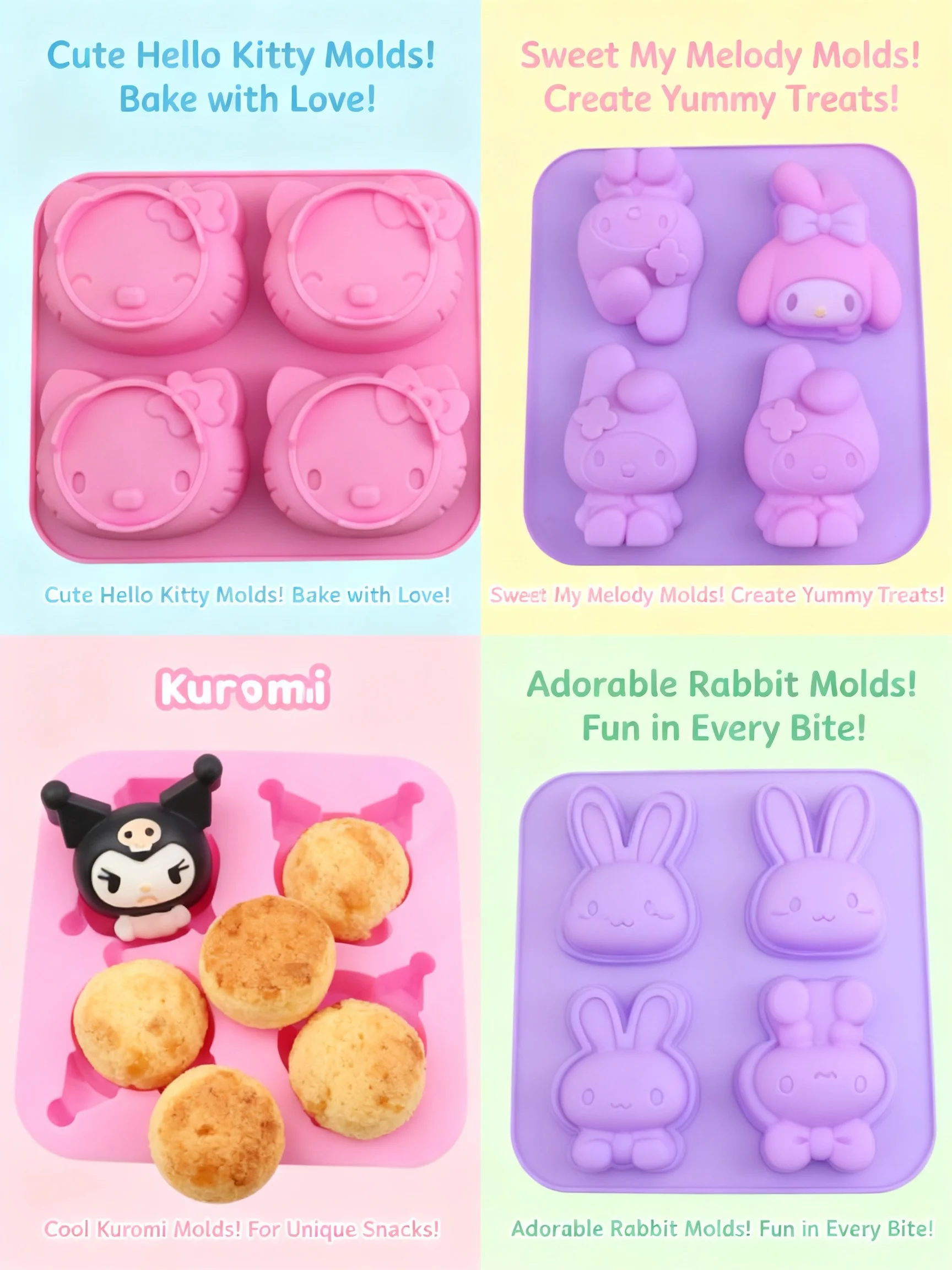 

Силиконовая форма для выпечки Hello Kitty Kuromi Cinnamoroll, 4 ячейки, пищевой силикон, гибкая, для тортов, шоколада, десертов, льда, 1 шт.