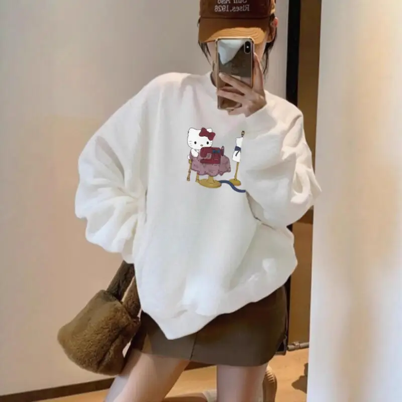 귀여운 고양이 프린트 긴팔 스웨트셔츠 여성용 캐주얼 아우터웨어 편안한 루즈핏 가을 겨울 신상 재미있는 만화 디자인
