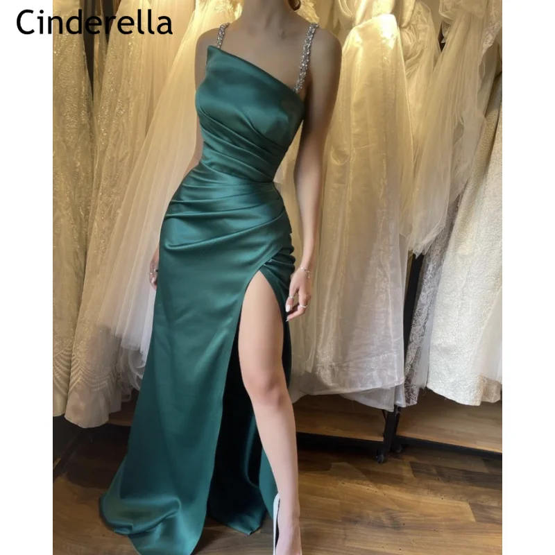 

Green Prom Dresses Crystal Sleeveless Mermaid Side Slit Satin Prom Dresses With Lace Up Back vestidos de fiesta de noche New