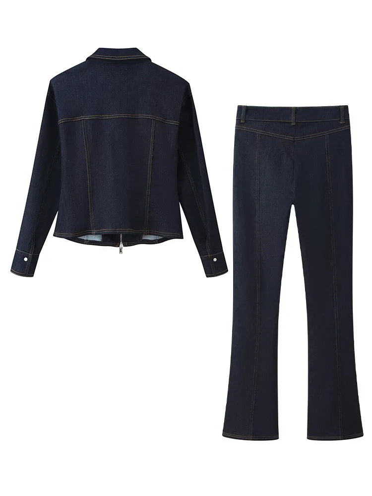 

HH Women Fashion Lapel Long Sleeve Zipper Pocket Decoration Denim Short Jacket+Mid-Rise Slit Hem Zipper Long Jeans Pants Suit