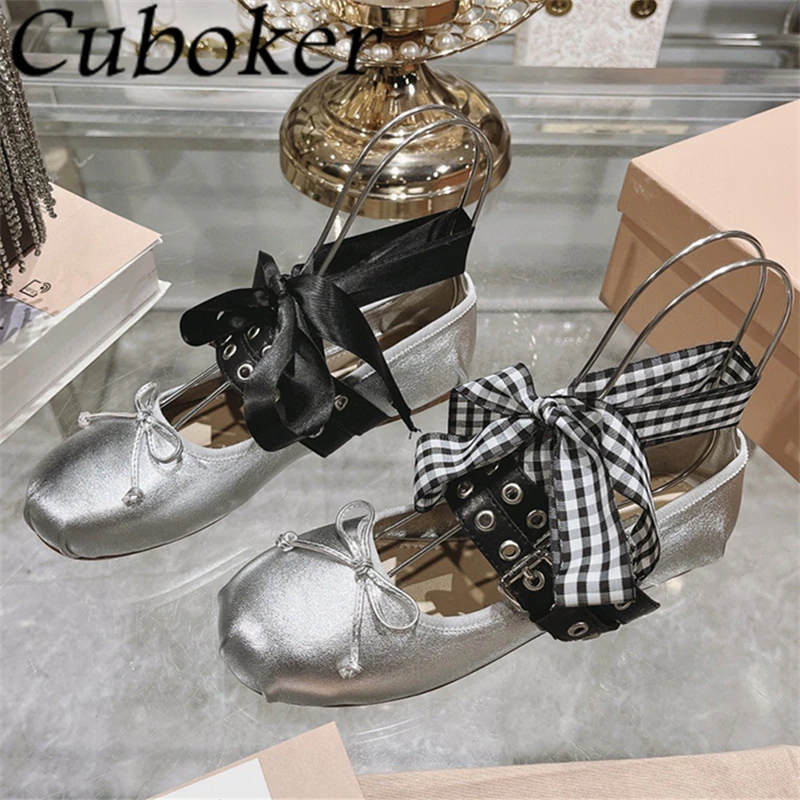

2024 Summer Round Toe Bowknot Ballet Flat Shoes Women Belt Buckle Ankle Strap Leather Casual Loafers Elegant Dress Single Shoes