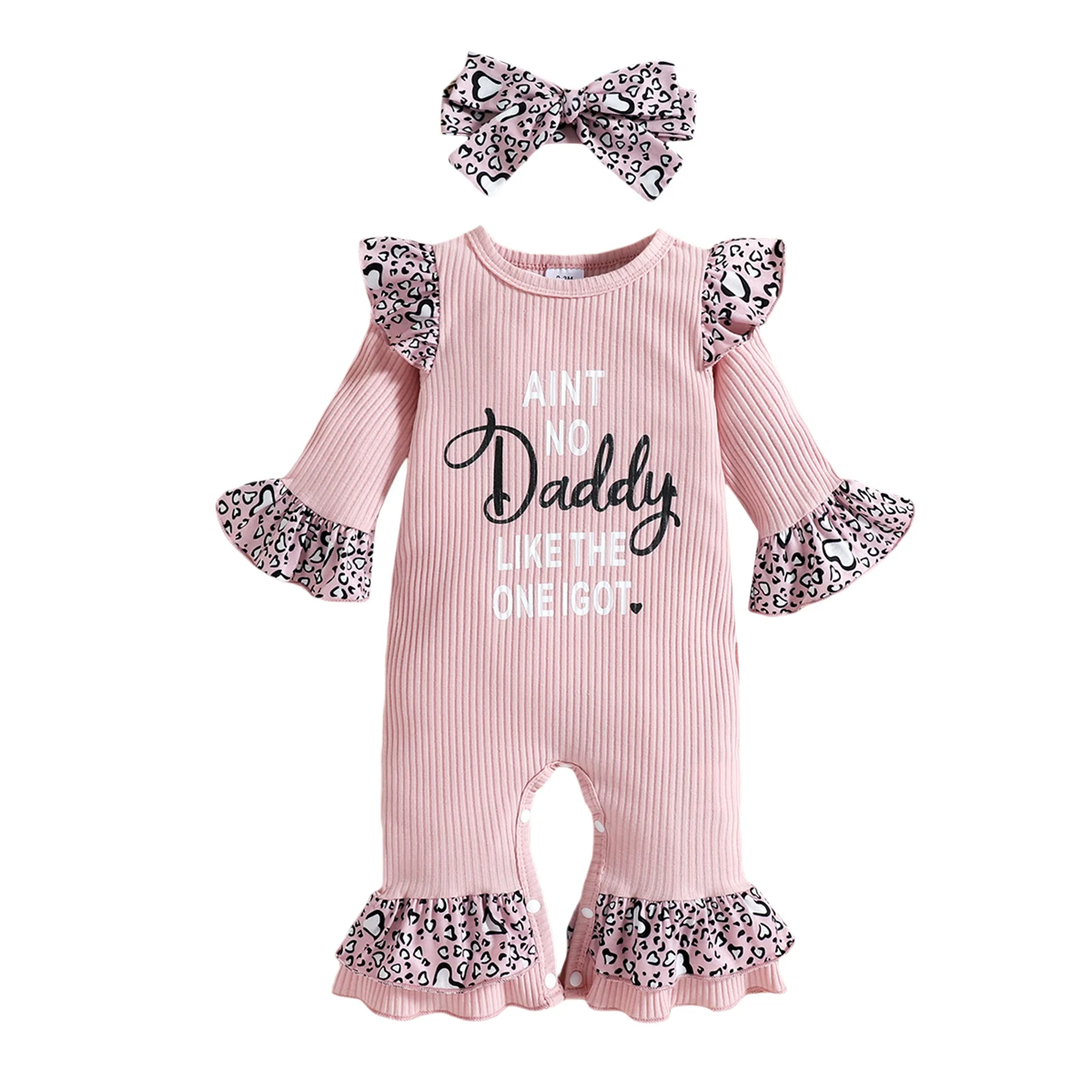 Lioraitiin 0-18M Newborn Infant 2Pcs Baby Girls Outfit Letter Leopard Print O-Neck Flare Sleeves Jumpsuit Headband