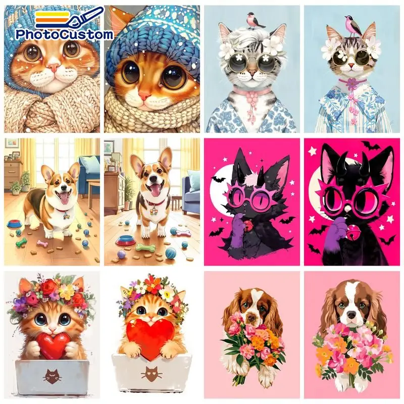 PhotoCustom Großäugige Niedliche Katze Malen nach Zahlen Personalisiertes Geschenk Malset für Anfänger Tier-Acrylmalerei auf Leinwand