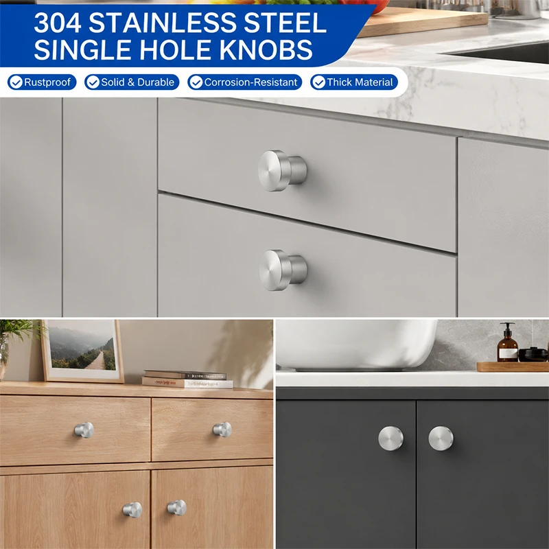 Anti-Oxidation 304 Stainless Steel Solid Knob Single Hole Handle Pull Heat Resistant for Cabinet Door Wardrobe Drawer