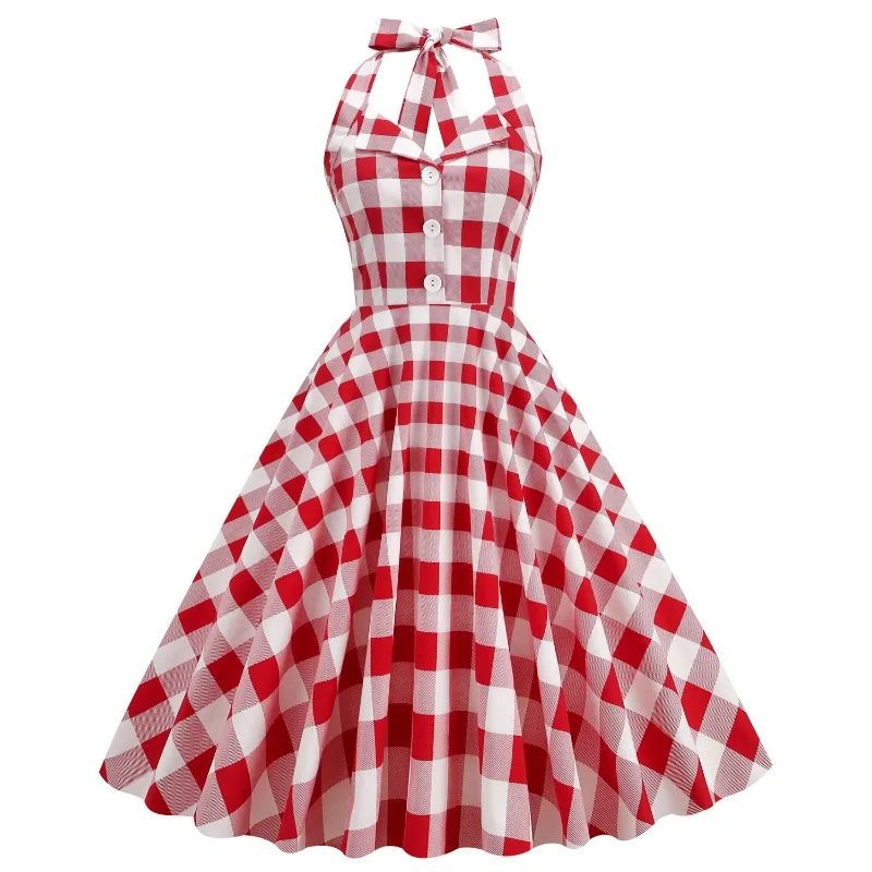 2025 New Hepburn Vintage 50s 60s Style Red Plaid Rockabilly Retro Dresses Women Button Front Halter Party Elegant Backless Dress