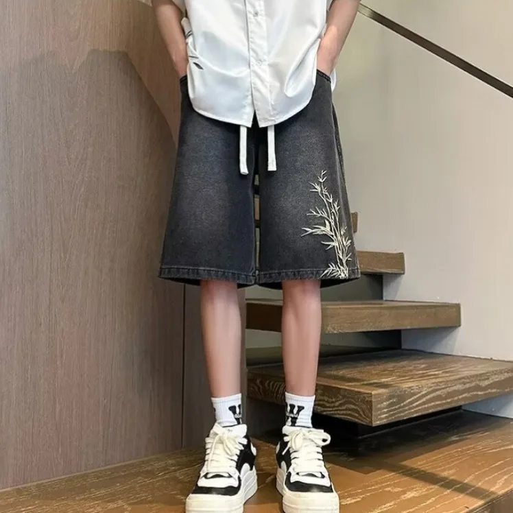 Breathable Thin Washed Embroidered Denim Shorts for Men Relaxed Fit Straight Leg Mid-Length Summer Season Sports Outdoor Street