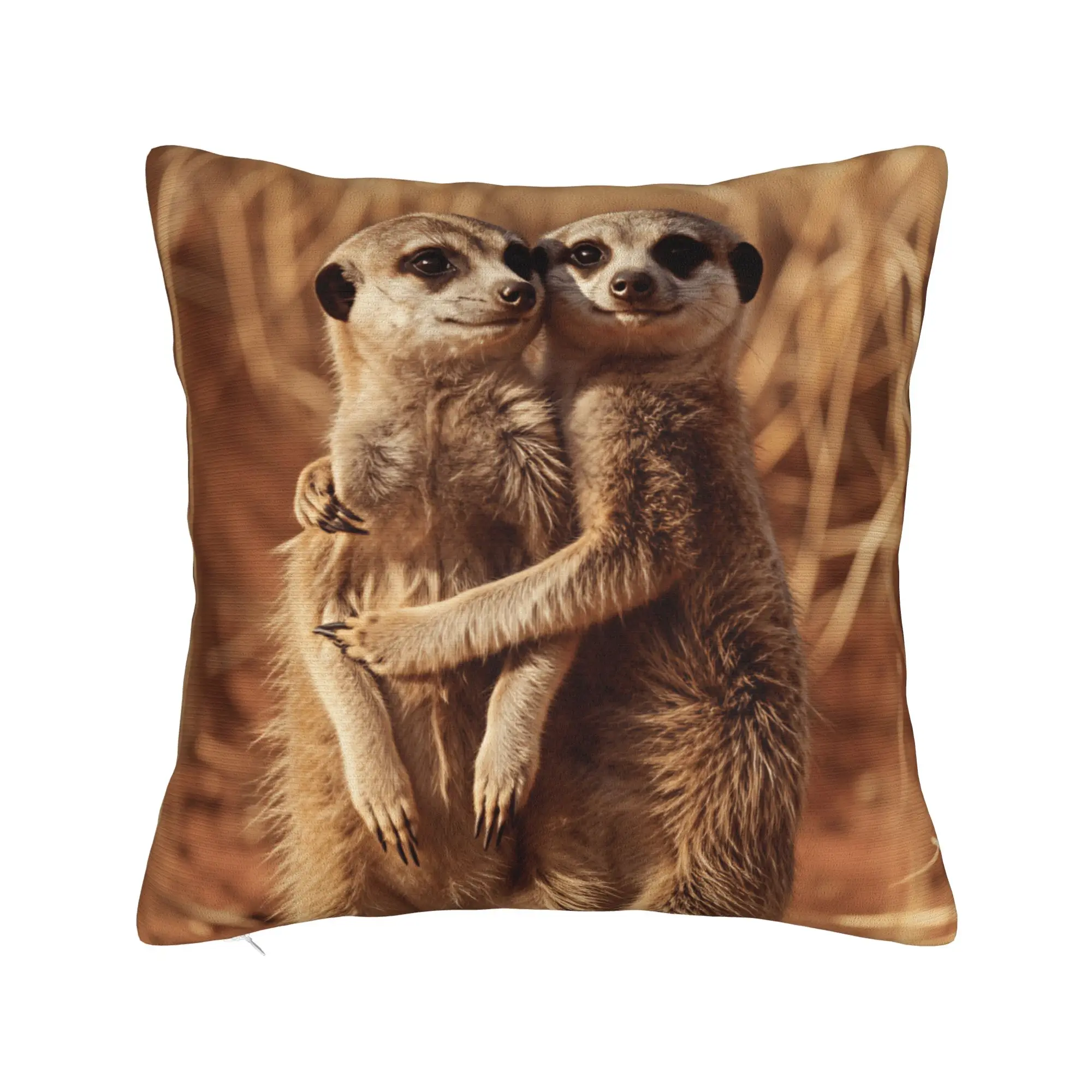 Two Meerkats Standing And Hugging Pillow Case  Funny Pillow Cover Square Pillowcases For Sofa Home Decor