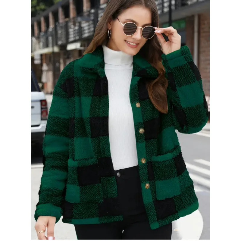 Dámské plyšové bundy s kostkovaným potiskem, svrchní oblečení, silné teplé, jednořadé, s odnímatelným límcem, kabát, kancelářské bundy, podzimní a zimní - náhled 5