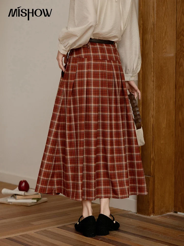 MISHOW Red Plaid Pleats Midi Skirt for Women 2024 Autumn Vintage A-line Skirt High Waist Slim Long Skirts Side Pocket MXD41B0494