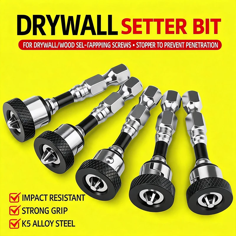 Drywall Screw Setter Bit K5 Alloy Steel Magnetic Ring Limiter Screwdriver Bit for Gypsum Board Wood Self‑tapping Screw
