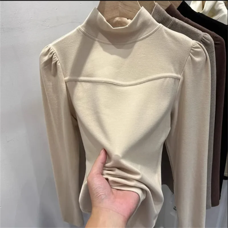 منتفخ كم التي شيرت المرأة تي شيرت نصف الرقبة العالية كم طويل تي شيرت طبقات عادية قاع أعلى الخريف الشتاء باست تيز