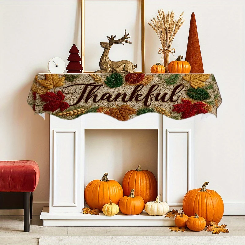 VIKAMA Thanksgiving Fireplace Mantel Scarf Thankful Maple Leaf Mantel Topper Fall Fireplace Shelf Cover Harvest Home Decor
