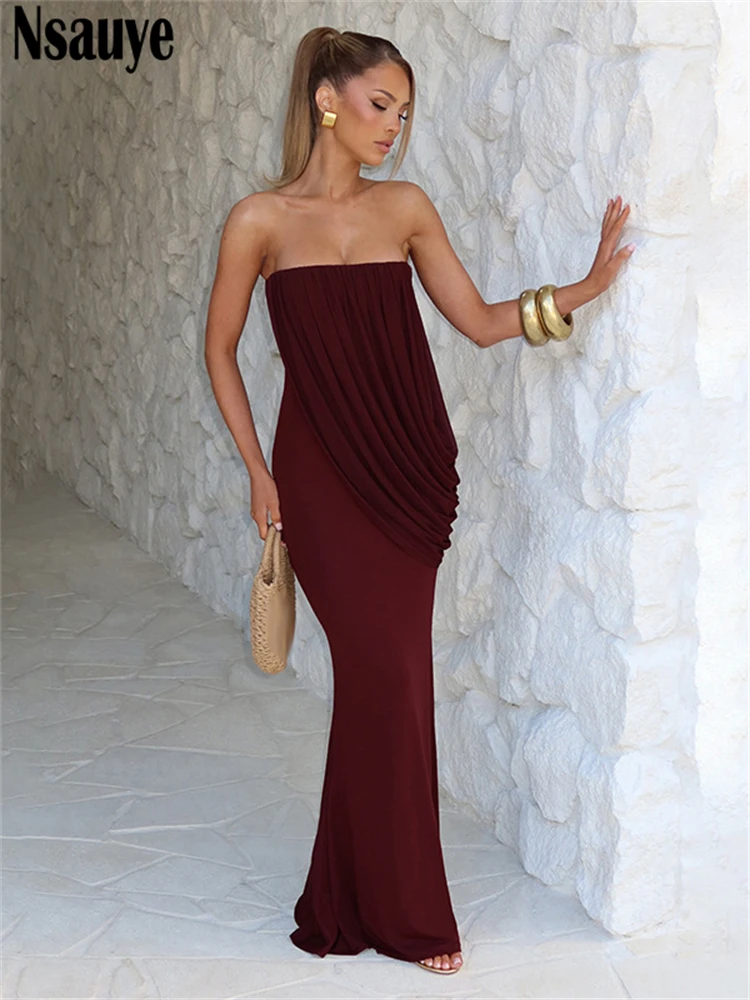 

Nsauye Evening Chic New Fashion Ruched Elegant Long Strapless Summer Dress Sexy Women Off Shoulder Party Night Club Dress 2026