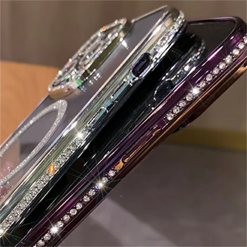 Magnetic Diamond Glitter Case for iPhone 16 15 14 13 12 11 Pro Max Plus Rhinestone Electroplated Jewelled Transparent Cover