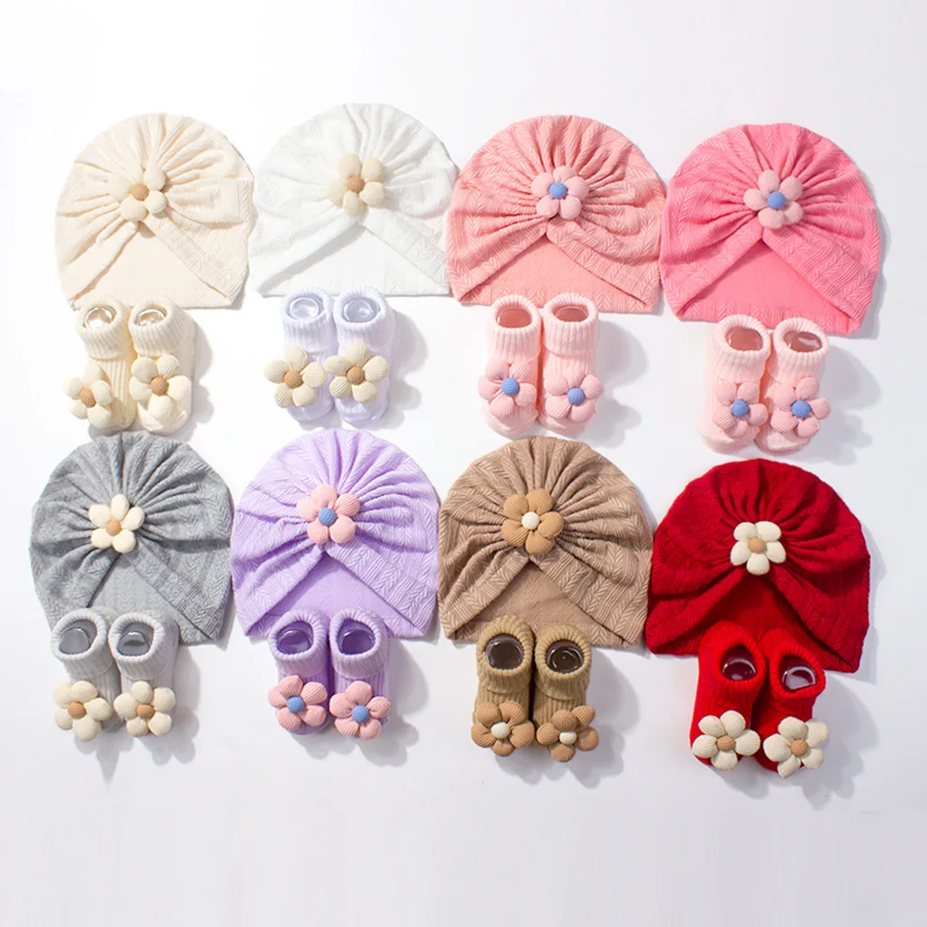 

New Spring Baby Fetal Cap Set 0-12M Sweet Flower Toddler Girls Beanie+Socks 8 Colors Elastic Thin Infant Hair Accessory