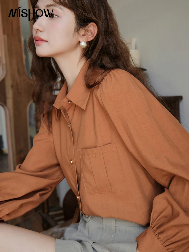 MISHOW [Rose Series] Retro Shirt for Women Autumn 2023 Pocket Tops Turn-down Collar Single Breasted Casual Shirts MXC41C0075