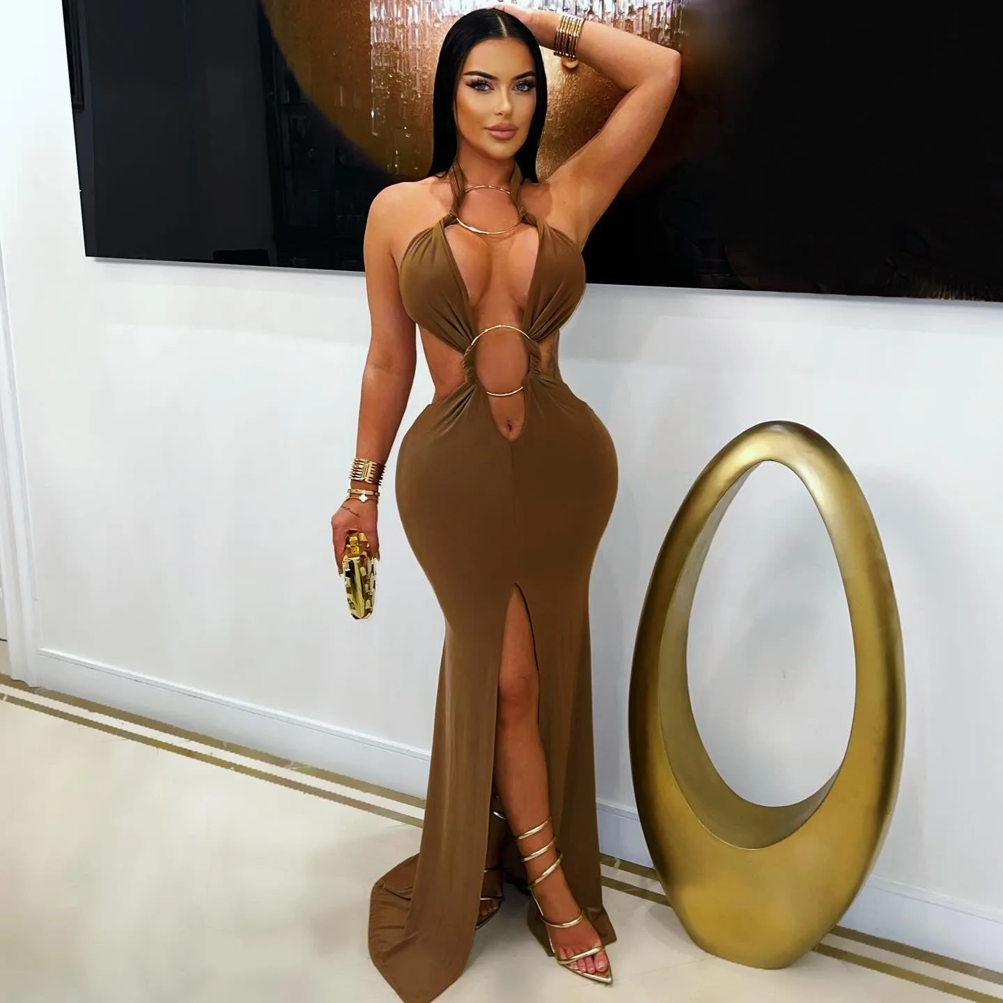 Beyprern Neue Chic Neckholder V-ausschnitt O Ringe Lange Maxi Kleid Glamour Frauen Sexy Backless Geraffte Hohe Schlitz Party Kleider Geburtstag Outfits