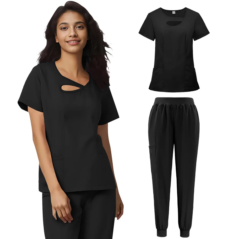 プラスサイズセクシーな透かし彫り医療用女性用無地新色ナースユニフォームスクラブセット速乾性