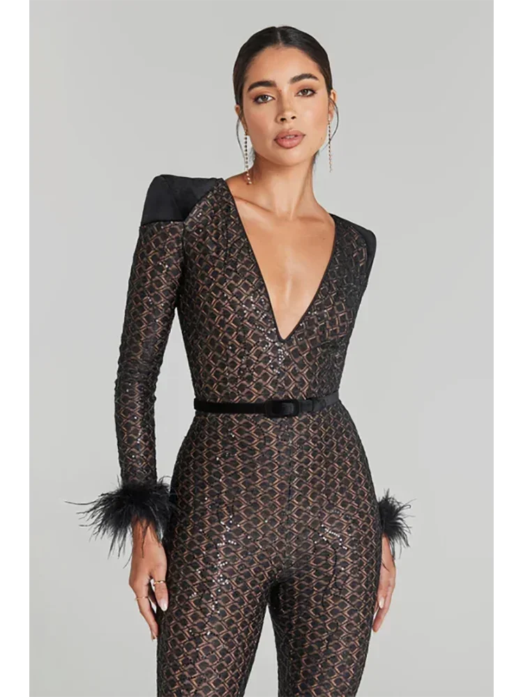 Sexy V Neck Long Sleeve Feathers Lace Jumpsuit Women Black Sequins With Belt Flare Jumpsuit Elegant Evening Party Jumpsuit