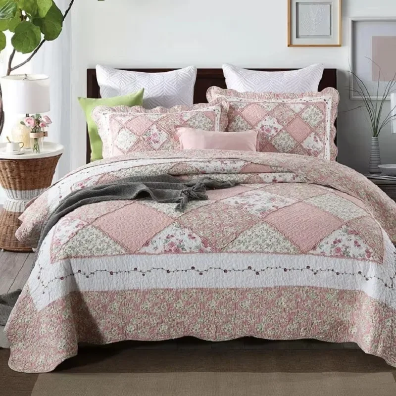 3PCS Washed Cotton Quilted Quilt Set Flora Patchwork Bedding Queen Size Bedspread Lightweight Breathable All Season Coverlet