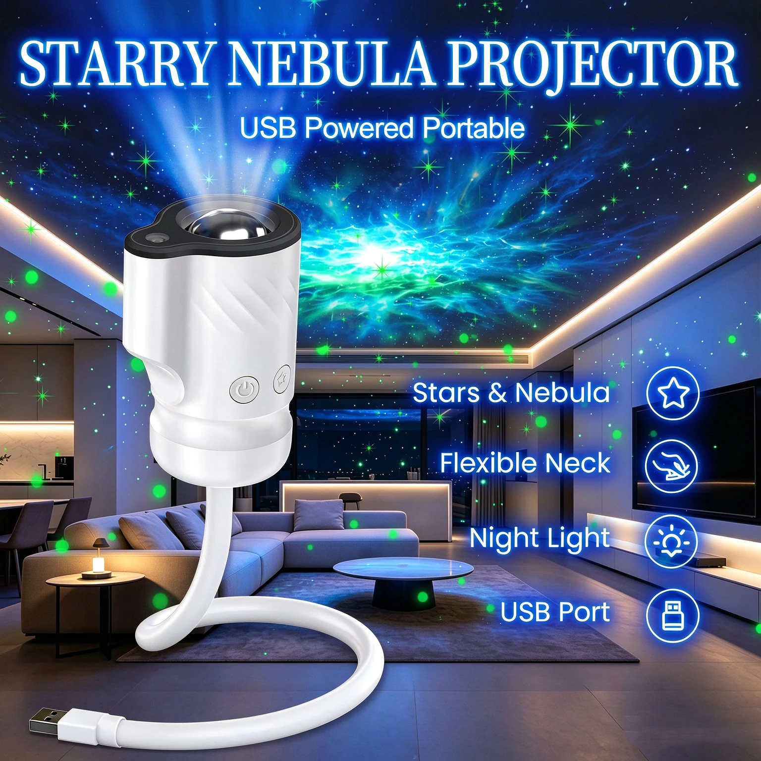 Starry Sky Projector Night Light, 9 Modes Galaxy Nebula Atmosphere Lamp, USB Powered Star Ceiling Projector for Bedroom, Car, Ki