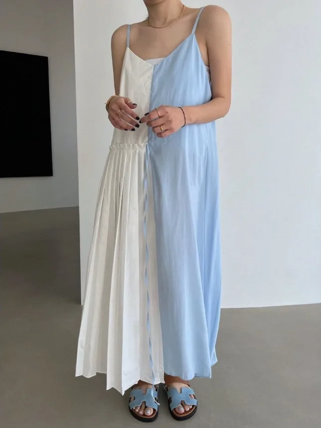 Summer 2025 Women's V-Ne Slimming Waist ter Dr Holiday Long Skirt Splice Design Commute Sle No-Sve Gauze Material