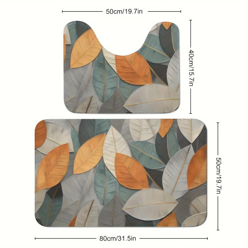 Toilet Mat Set of 2 (Thickened 600g High Resilience Foam), Abstract Leaf Pattern, Bathroom Non-Slip Microfiber Absorben