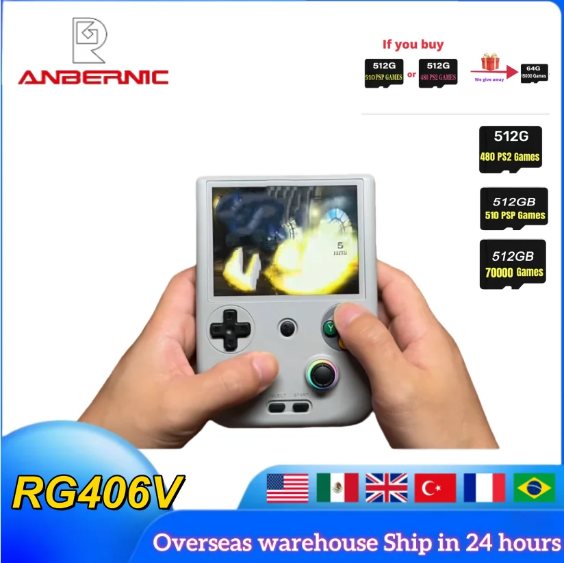 

512G ANBERNIC RG 406V Портативная игровая консоль Портативный игровой плеер для видеоигр Android PS1 Light PS2 Джойстик 5500 мАч Специальный уличный плеер
