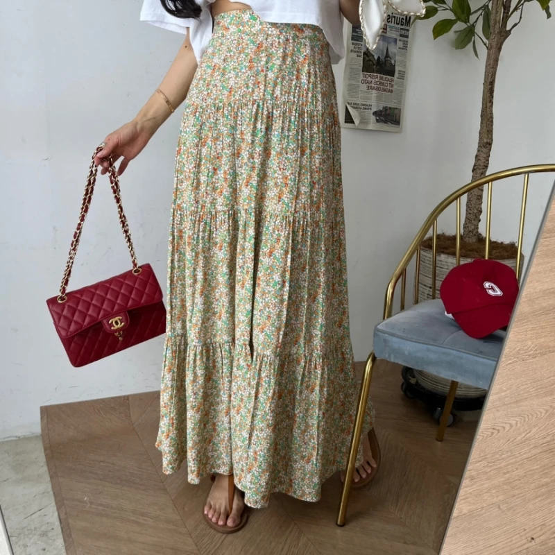 2023 Spring Summer Printed Floral Pleated Skirt Women Korean Style Casual High Waisted A-Line Long Skirts Maxi falda plisada