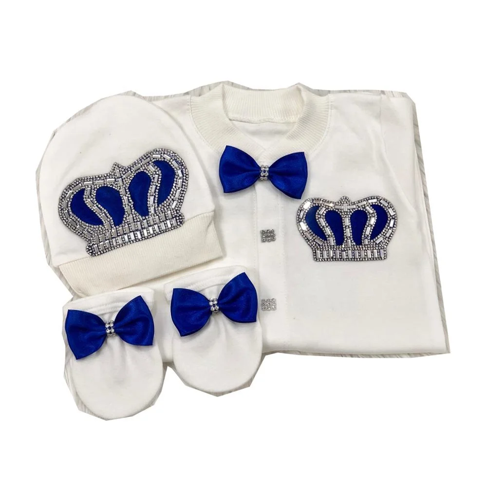 10 Pieces Cotton Fabric Knitted New Design Newborn Long Sleeve Clothes Gift Set In Royal Navy Blue Jewel Crowned