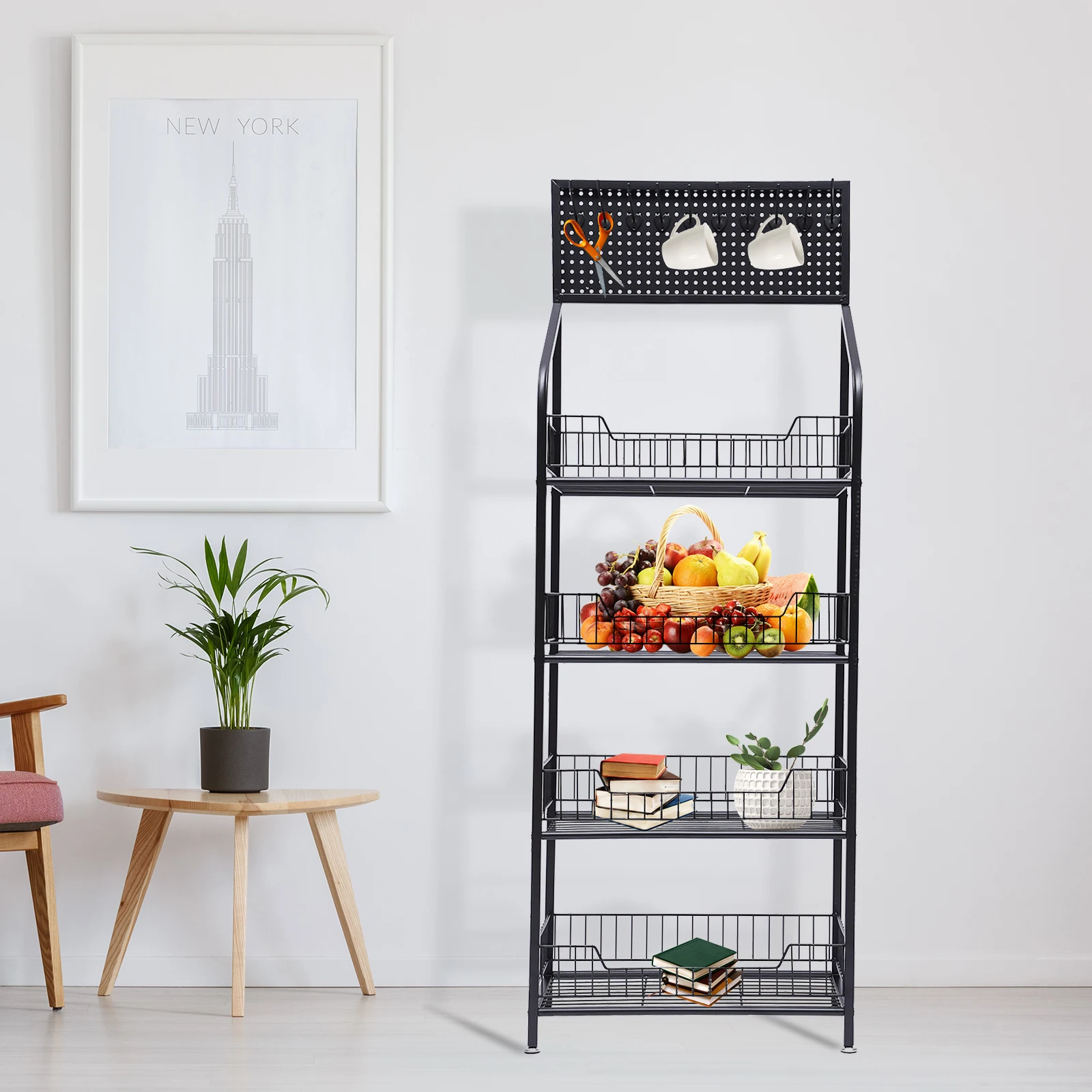 4-Tier white & black Metal Storage Rack, High-Quality Cold-Rolled Steel with Lockable Wheels for Easy Movement