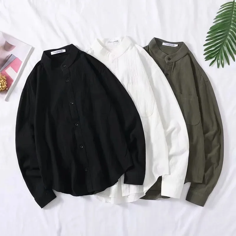 Linen Shirt Men Long-sleeved Slim-fit Trendy Cotton And Linen Men's Stand-up Collar Casual Collarless Japanese Retro Shirt