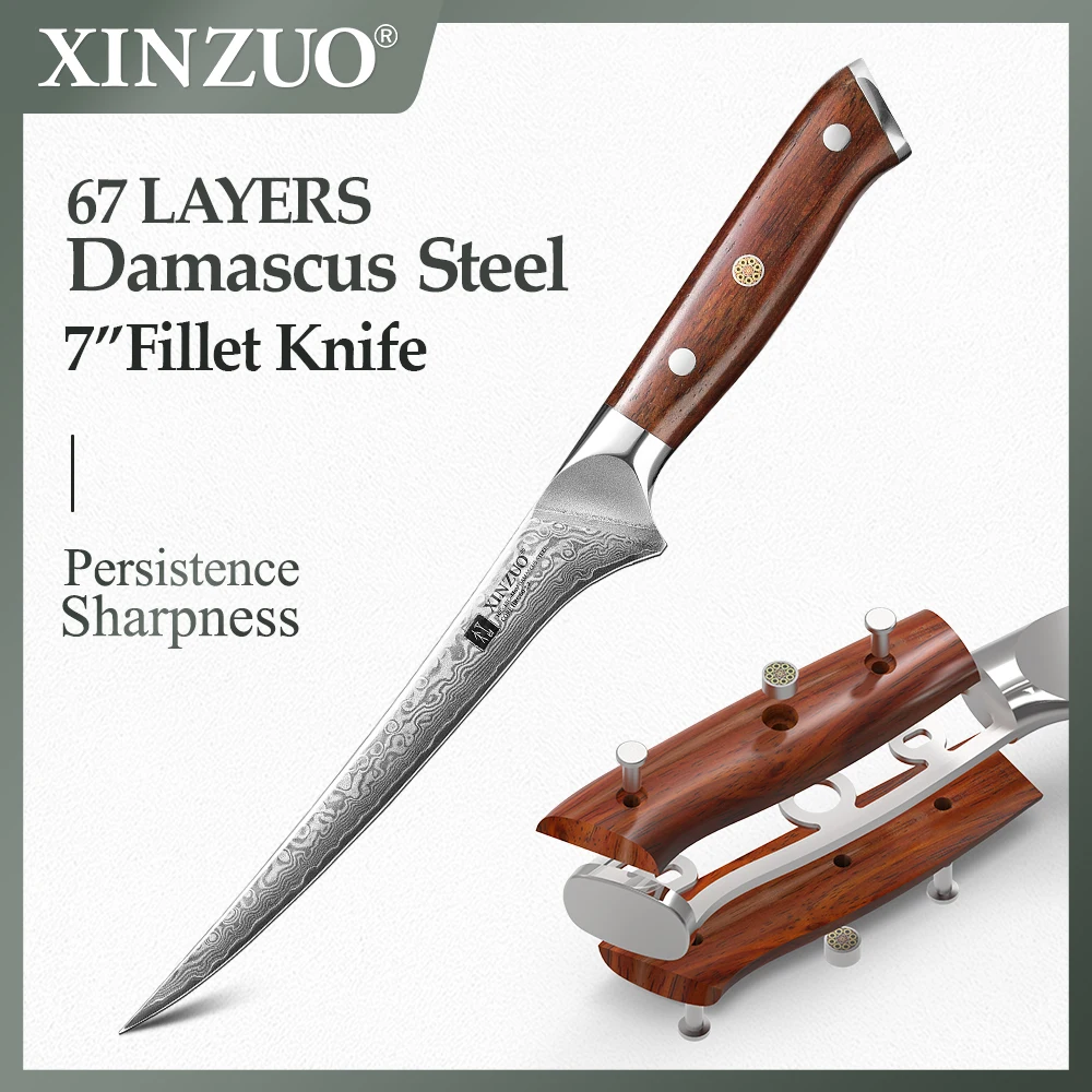 Xinzuo 7 Inch Filet Mes 67 Lagen Damascus Stalen Vismes Professioneel Keukenmes Premium Palissander Handvat Duurzaam Mes