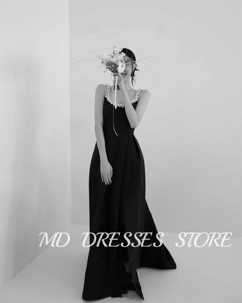 MD Elegant Black Wedding Dress A-line Side High Slit Pearls Spaghetti Strap Korea PhotoShoot Evening  Prom Gown Customised 2025