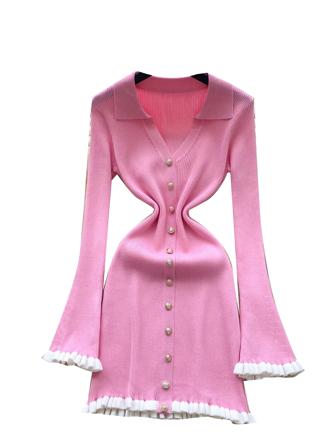 فستان محبوك فاخر للنساء بقصة ضيقة وياقة مقلوبة وتنورة متوسطة الطول مناسب للتنقل في المدينة بأسلوب كوري وخصر مرتفع مصنوع من أل... #5