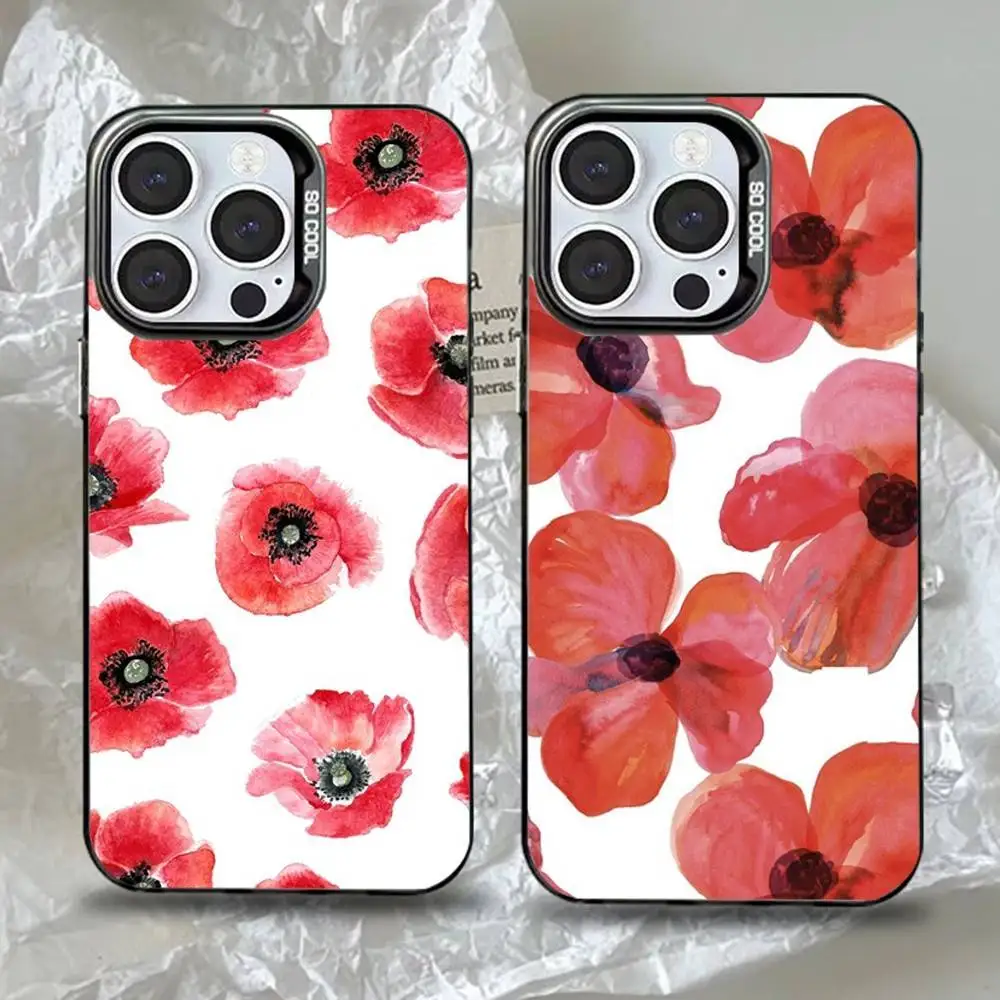 

Чехол для телефона с рисунком красных цветов и маков для iPhone 16,15,14,13,12,11, Pro, Max, Plus, Mini, XS, SE, черный матовый жесткий бампер с защитой от падения