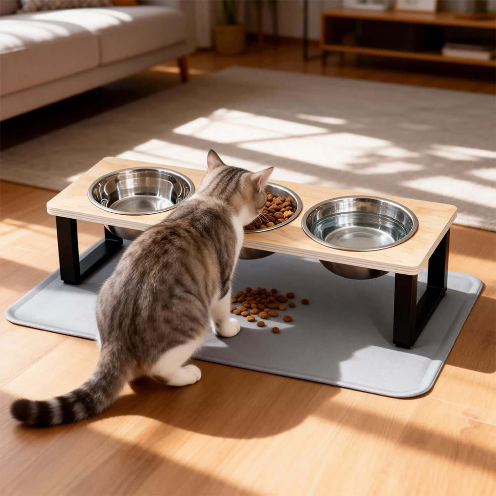 

3 Bowls Cat Bowl Stand Iron Frame Elevated Pet Feeder Silicone Cat Bowl Mat Waterproof Anti-slip Pet Feeding Mat for Cats