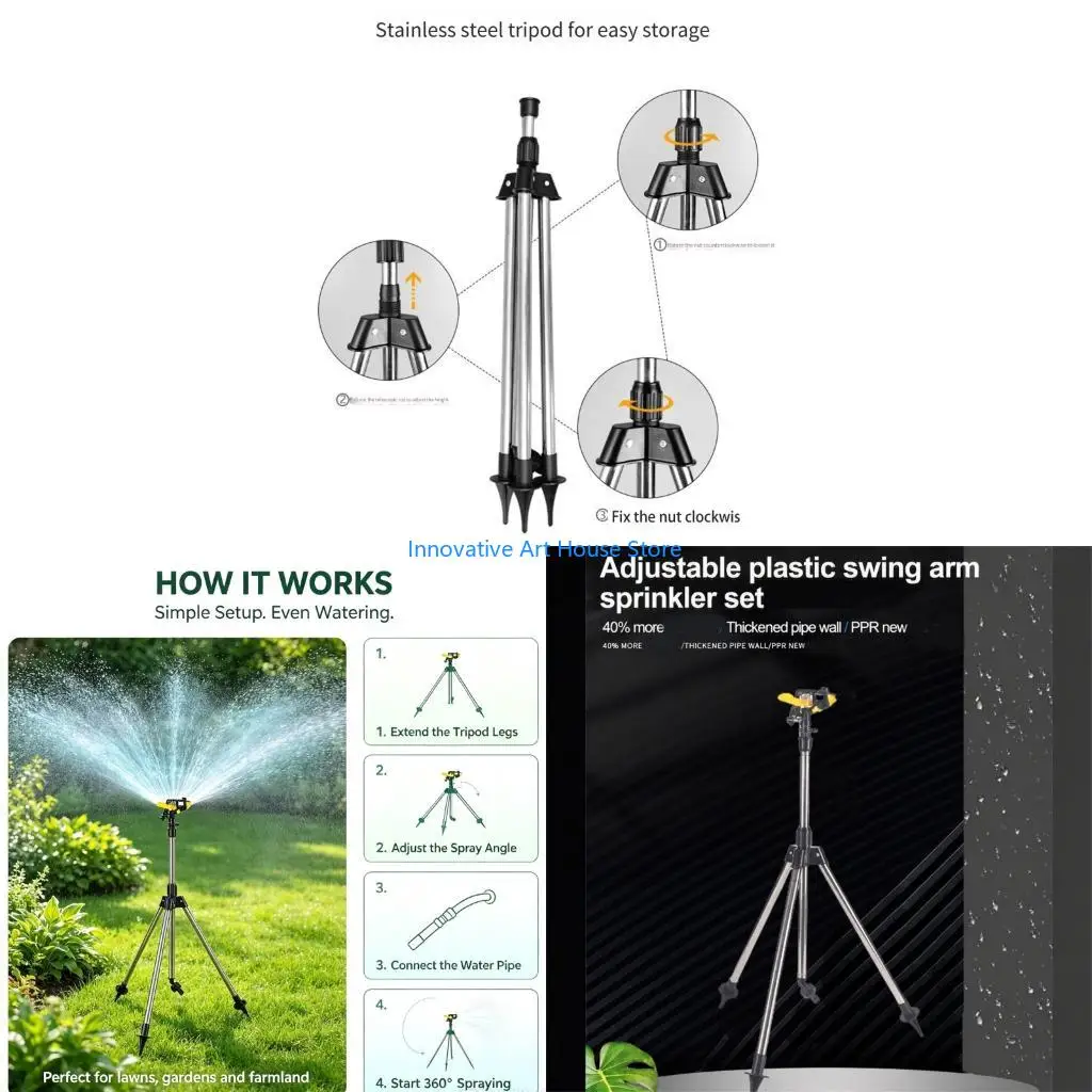 E1PC Outdoor Impact Sprinkler With Water-Direction Head, Three-Leg Stand With Ground Pins and Hose Attachment Pieces for
