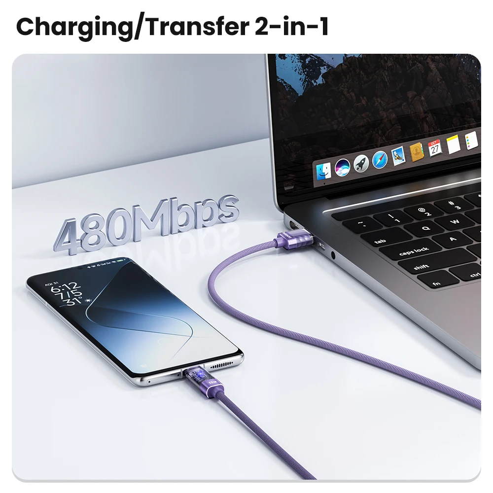 Toocki USB-кабель с автоматическим отключением питания 100 Вт светодиодный индикатор для быстрой зарядки кабель типа C iPhone 15 16 Pro Max Xiaomi Samsung Фото №3