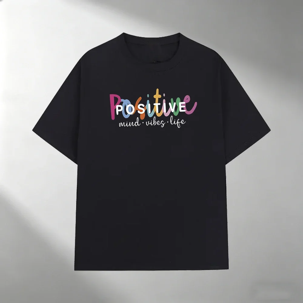 T-shirt pour homme 100% coton, imprimé Positive Mind Vibes Life, col rond, manches courtes, décontracté, streetwear, pour l'extérieur
