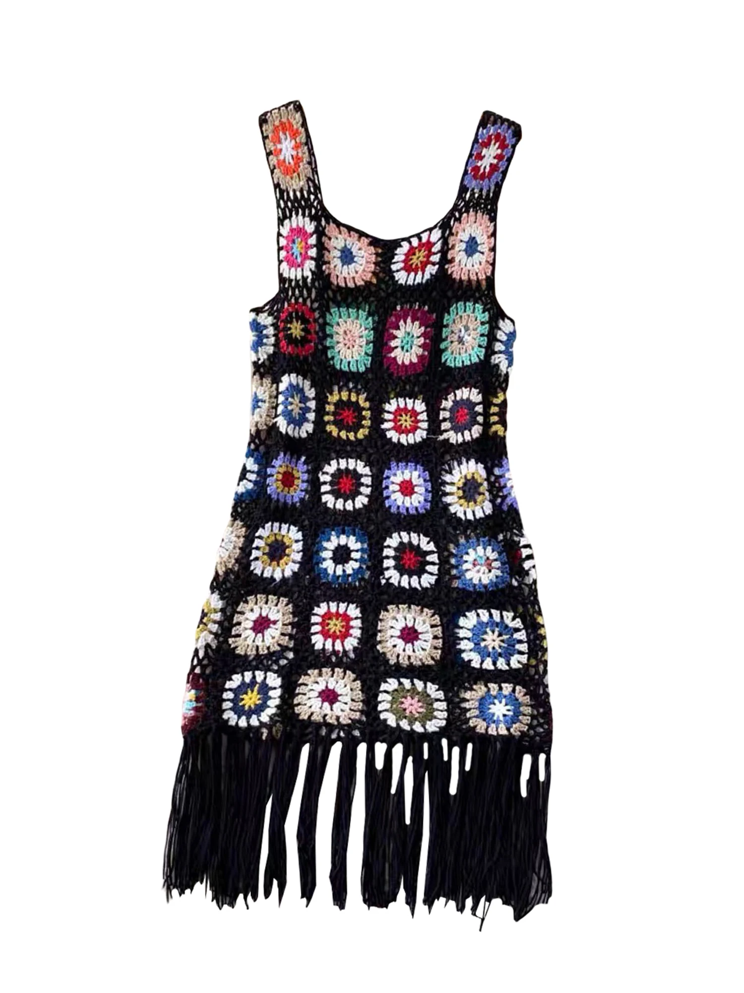 Women Crochet Knit Tassel Mini Dress Hollow Out Bikini Cover ups Sleeveless Colorful Patchwork Beach Y2k Sundress