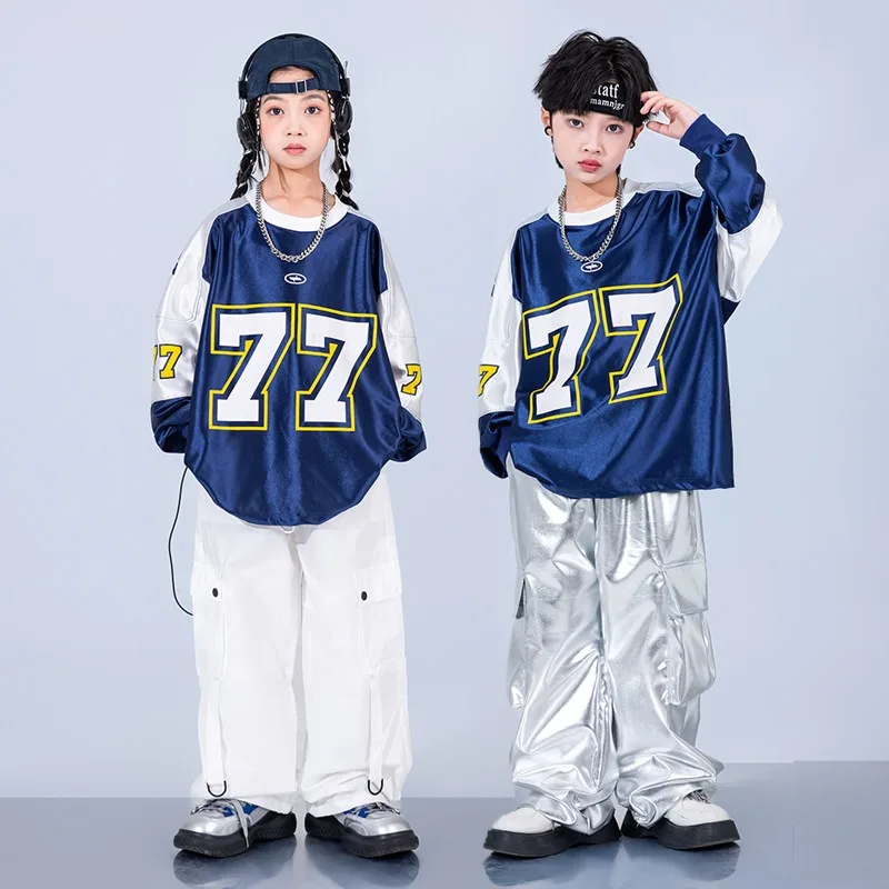 Kids Silver Shiny Sweatshirt Cargo Pants 2Pcs Set Unisex Boys Girls Hip Hop Kpop Jazz Street Dance Stage Performance Costume