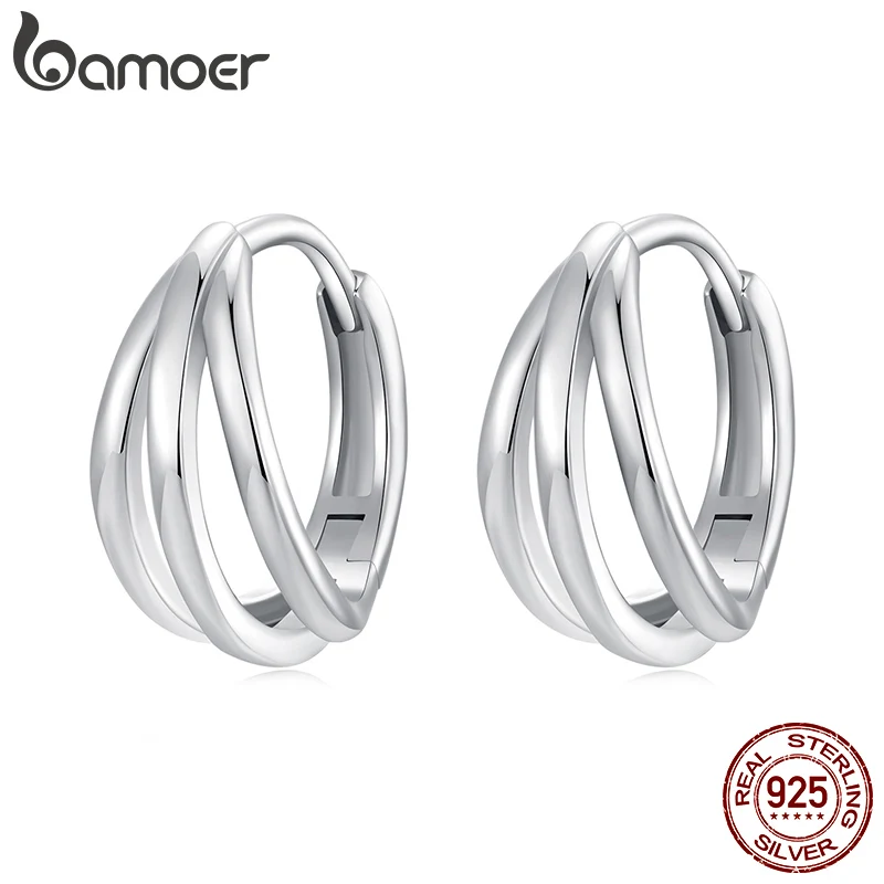 

BAMOER 925 Sterling Silver Triple Huggie Hoop, White Gold Plated Small Simple Hypoallergenic Everyday Wear Jewelry BSE1125