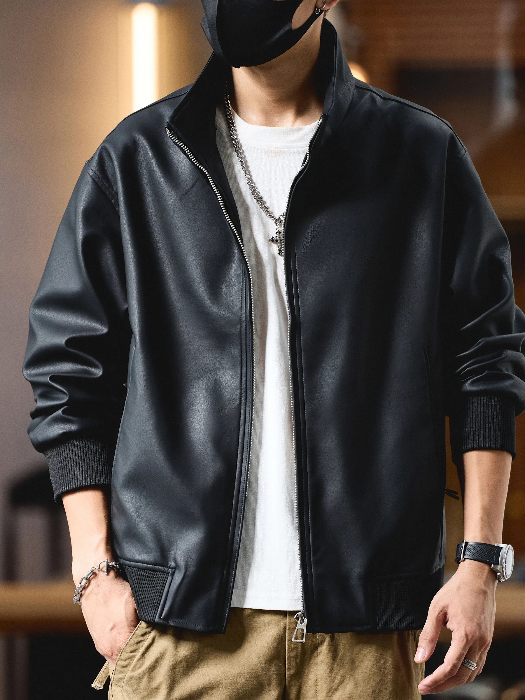 

American Retro PU Leather Jaet Men's Loose Pilot Sle Flight Coat Stand Collar Biker Clothes Faion Urban Youth Autumn