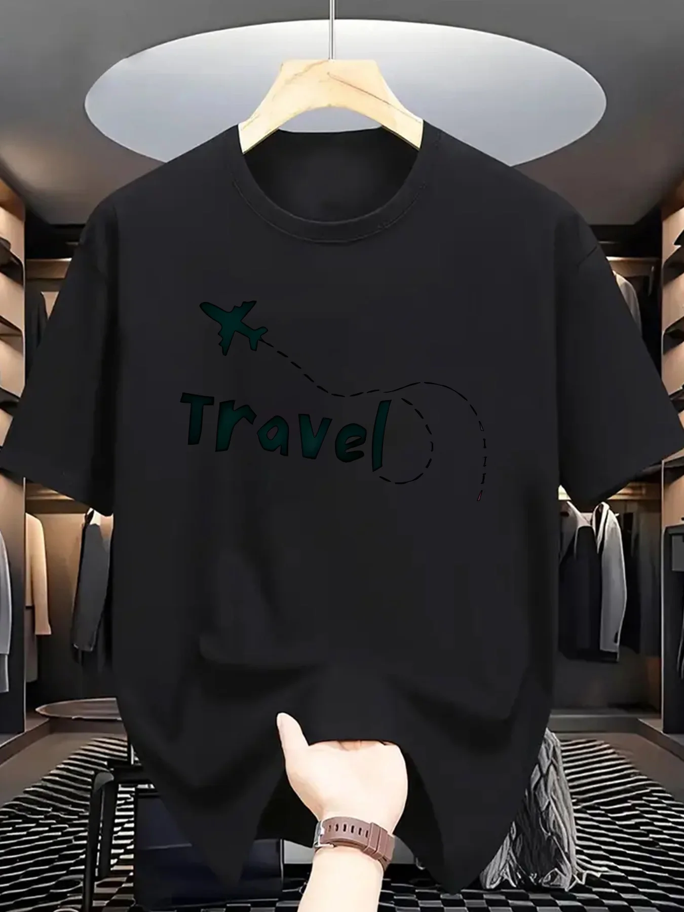 Minimal Graphic T Shirt For Men Travel Text Airplane Flight Path Crew Neck Tee Holiday Simple Print Casual Daily Outfit Tops
