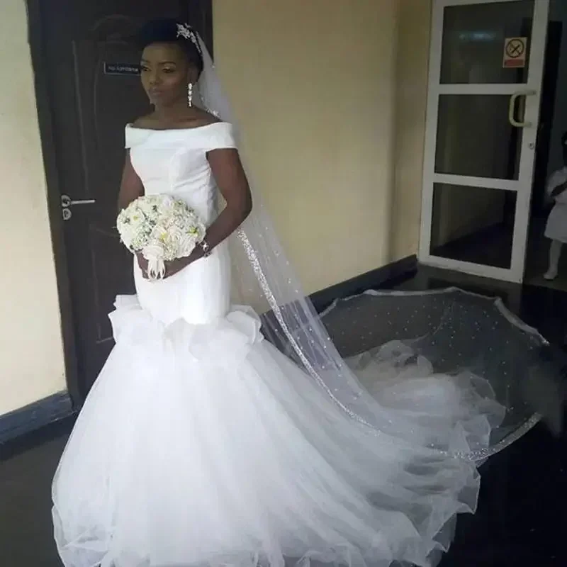 Customized Cheap Mermaid Off The Shoulder Wedding Dresses Sweep Train Puffy Skirt African Bridal Gown Vestido De Novia
