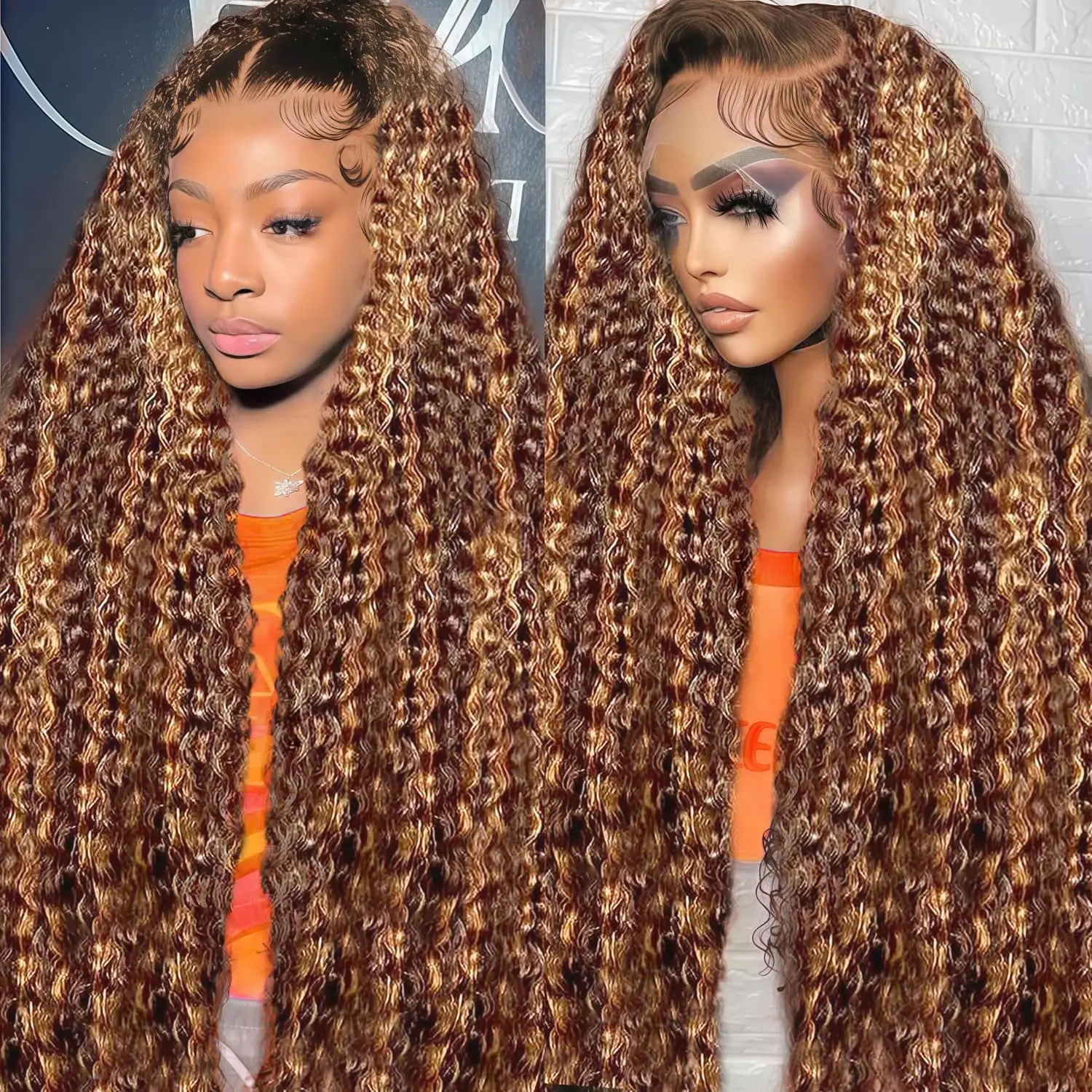 

HD Transparent Curly Highlight Wig Human Hair Honey Blonde Lace Front Wigs 13x4 Ombre Human Hair Wig Deep Wave Lace Frontal Wig
