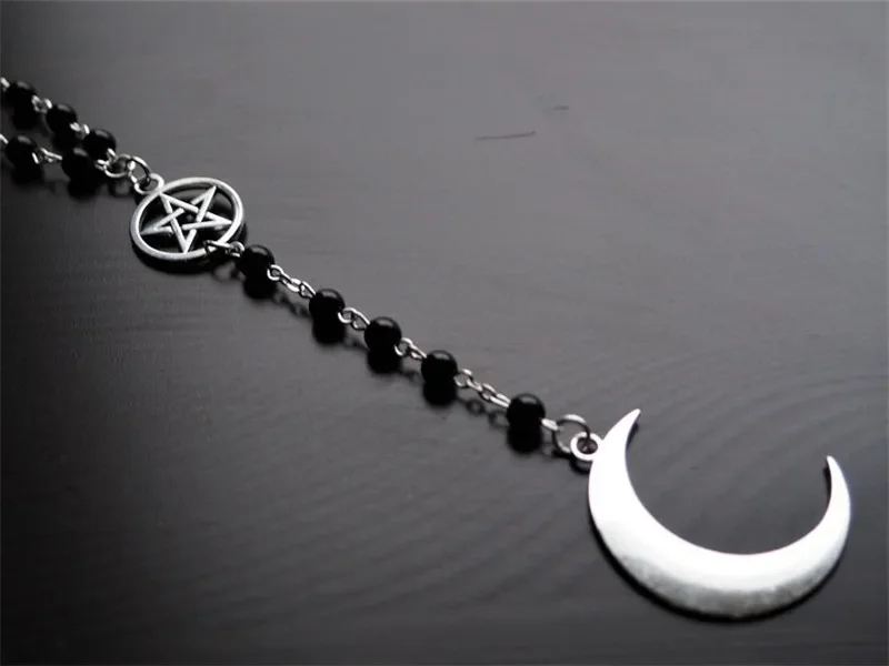 

Gothic Crescent Moon Pentagram Necklace.Wicca Pagan Black Beads Charm Jewelry