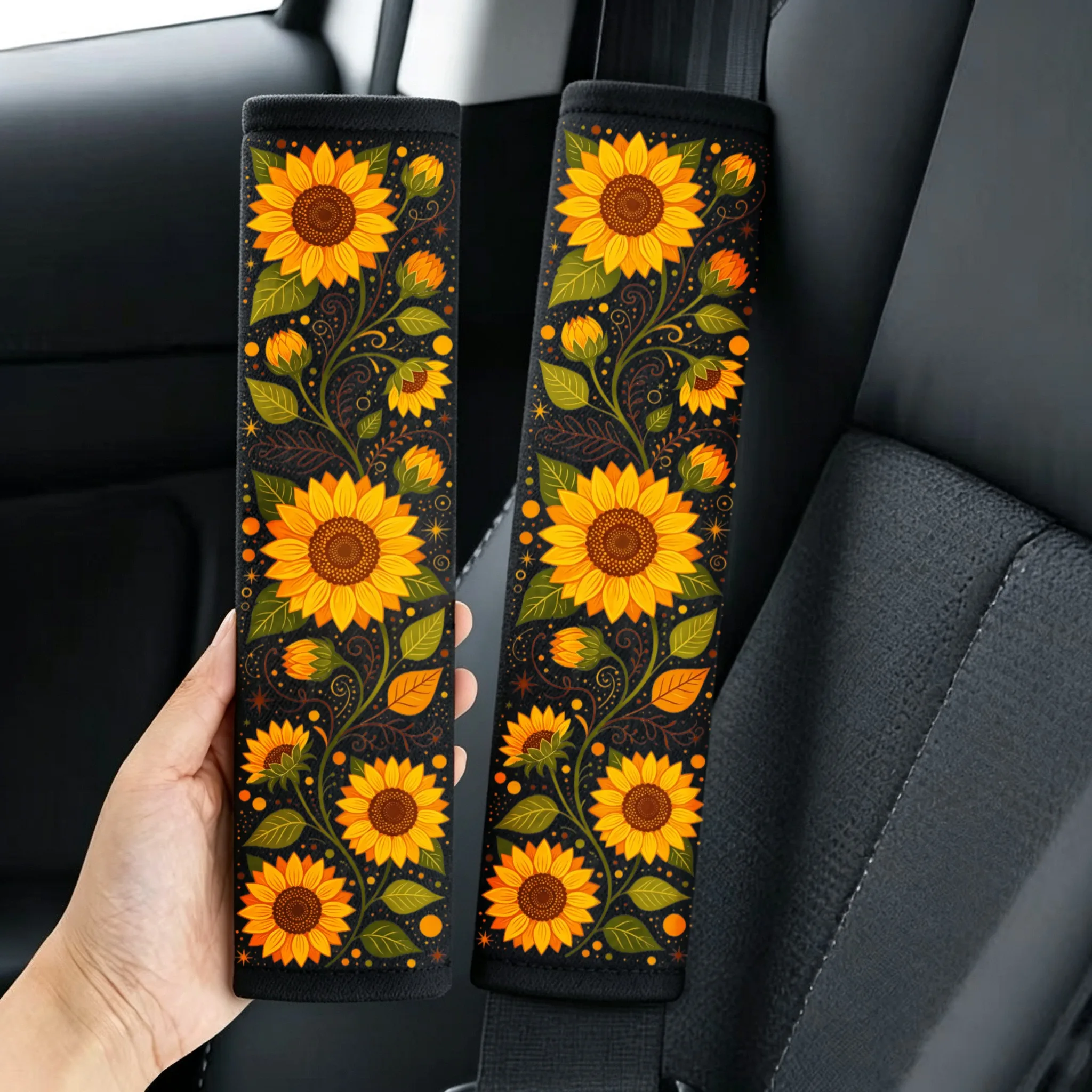 2PCS Sunflower Retro Flower Car Seat Belt Shoulder Cover, Shoulder Protection Universal Neck Protection, Soft and Comfortable, Versatile for All Seasons, Suitable for All Car Interiors and Interior Accessories