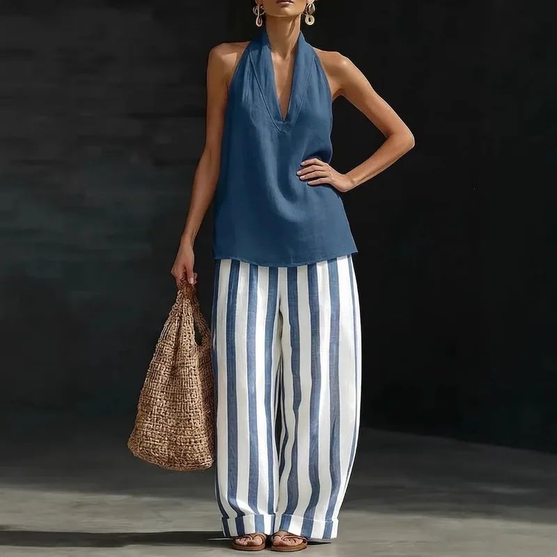 

Vintage Casual Linen Blend 2 Piece Set Halter Neck Sleeveless Tank Top Striped Wide Leg Trousers Summer Beach Outfit Sportswear